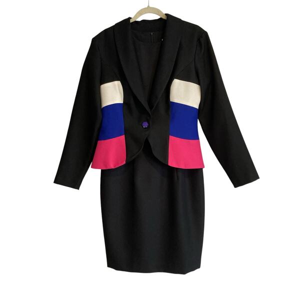 Vintage Dresses & Skirts - Vintage 80s Leslie Lucks Black Blue Stripe Button Blazer Sheath Dress Set Sz 10